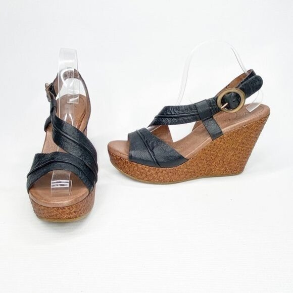 NAYA 10M Black Leather Wedge Sandals Summer Vacation Open Toe - Picture 1 of 11